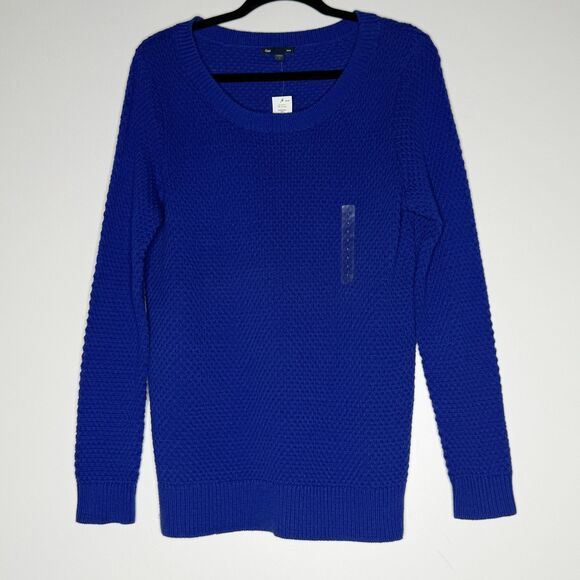 New Gap Textured Long Sleeve Mosaic Blue Knit Sweater Women's Size Large - Picture 1 of 7